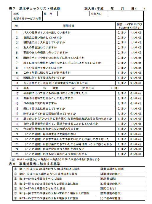 厚生労働省の示した総合事業対象者の基本チェックリスト様式の例