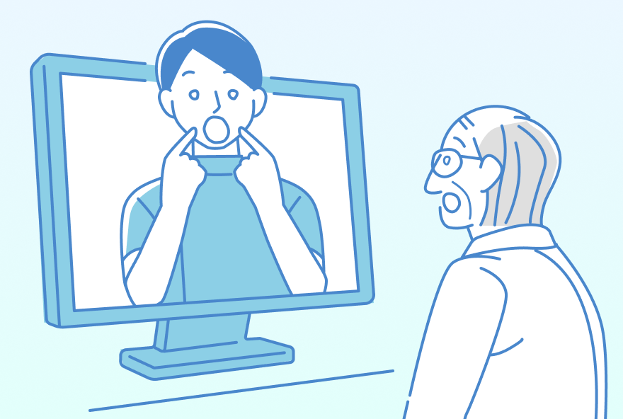 ST（言語聴覚士）がオンラインで利用者の口腔機能を個別にアセスメントする様子