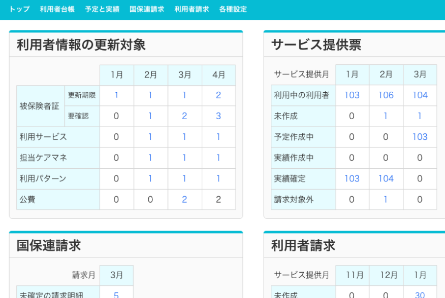 介護請求の進捗状況の入力画面